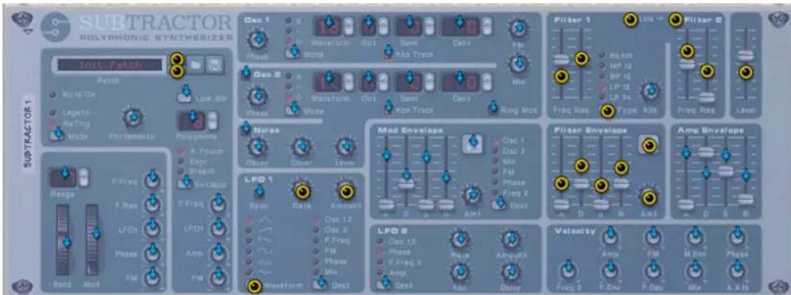 SUBTRACTOR POLYPHONIC SYNTHESIZER Init Patch SubTRACTOR 1 Peltip Noise Ch Lagets Rat Trig Mode For/Name to Polyphenity A. Touch Copr Break Sun/Most Range F. Freq LFDI Phase FM Sand Mod Fiat Dust Reset Max Osc 1,2 Occ 2 F. Freq FM Phase FM Mink Dust Mod Envelope LFD I Box Rate Amount Occ 1,2 Occ 2 F. Freq FM Phase FM Mink Dust Delay Max Ampln1 Occ 1,2 Phase F. Freq 2 Ampln1 Occ 1,2 Phase F. Freq 3 Ampln1 Occ 1,2 Phase F. Freq 4 Ampln1 Occ 1,2 Phase F. Freq 5 Ampln1 Occ 1,2 Phase F. Freq 6 Ampln1 Occ 1,2 Phase F. Freq 7 Ampln1 Occ 1,2 Phase F. Freq 8 Ampln1 Occ 1,2 Phase F. Freq 9 Ampln1 Occ 1,2 Phase F. Freq 10 Ampln1 Occ 1,2 Phase F. Freq 11 Ampln1 Occ 1,2 Phase F. Freq 12 Ampln1 Occ 1,2 Phase F. Freq 13 Ampln1 Occ 1,2 Phase F. Freq 14 Ampln1 Occ 1,2 Phase F. Freq 15 Ampln1 Occ 1,2 Phase F. Freq 16 Ampln1 Occ 1,2 Phase F. Freq 17 Ampln1 Occ 1,2 Phase F. Freq 18 Ampln1 Occ 1,2 Phase F. Freq 19 Ampln1 Occ 1,2 Phase F. Freq 20 Ampln1