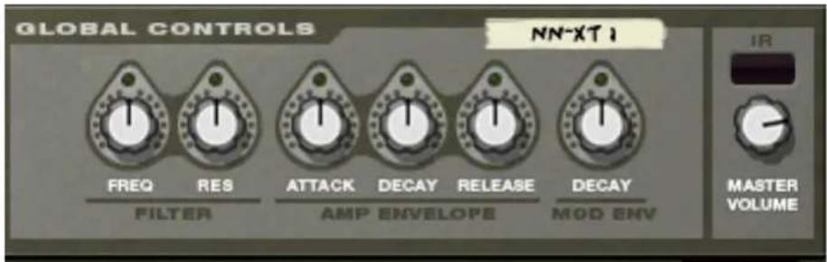 GLOBAL CONTROLS FREQ RES FILTER ATTACK DECAY RELEASE AMP ENVELOPE MOD ENV NN-XT1 IR MASTER VOLUME