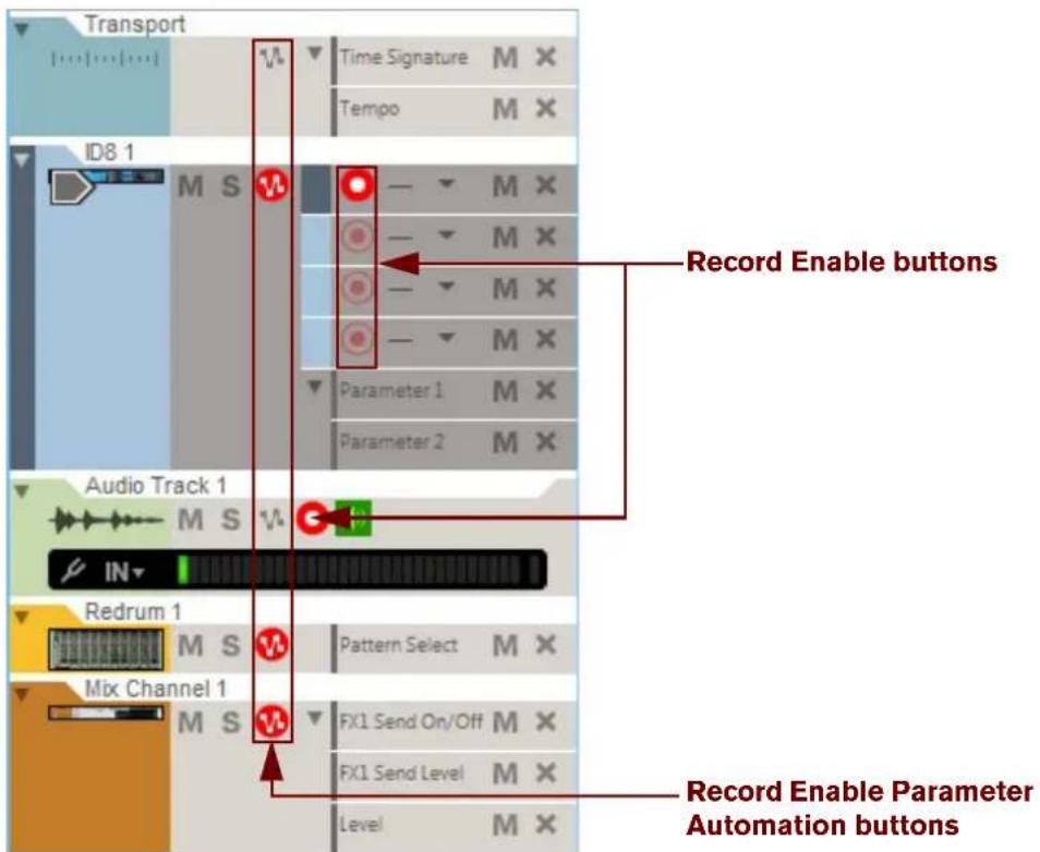 Transport Time Signature M × Tempo M × ID8 1 M S Record Enable buttons Parameter 1 M × Parameter 2 M × Audio Track 1 M S IN Redrum 1 M S Pattern Select M × Mix Channel 1 M S FX1 Send On/Off M × FX1 Send Level M × Level M × Record Enable Parameter Automation buttons