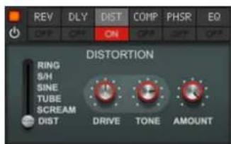 REV DLY DIST COMP PHSR EQ OFF OFF ON OFF OFF DISTORTION RING S/H SINE TUBE SCREAM DIST DRIVE TONE AMOUNT