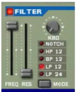 FILTER KBD NOTCH HP 12 BP 12 LP 12 LP 24 FREQ RES MODE