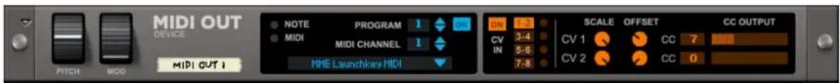 MIDI OUT DEVICE NOTE PROGRAM 1 ON MIDI MIDI CHANNEL 1 MIDI OUT 1 ON 7-2 SCALE OFFSET CC OUTPUT CV 3:4 CC 7 IN 5:6 CV 2 CC 0 NME Launchkey MIDI 7:8