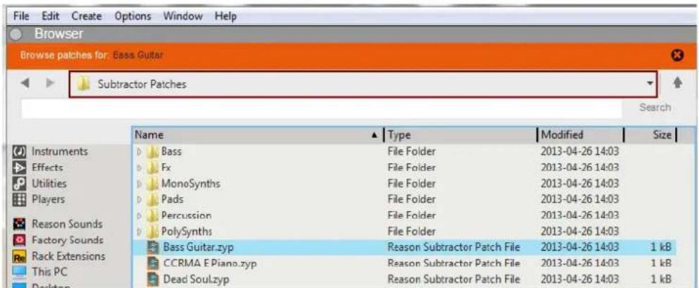 File Edit Create Options Window Help Browser Browse patches for: Bass Guitar Subtractor Patches Name ▲ Type Modified Size Instruments Bass File Folder 2013-04-26 14:03 Effects Fx File Folder 2013-04-26 14:03 Utilities MonoSynths File Folder 2013-04-26 14:03 Players Pads File Folder 2013-04-26 14:03 Reason Sounds Percussion File Folder 2013-04-26 14:03 Factory Sounds PolySynths File Folder 2013-04-26 14:03 Rack Extensions Bass Guitar.zyp Reason Subtractor Patch File 2013-04-26 14:03 1 kB This PC CCRMA E Piano.zyp Reason Subtractor Patch File 2013-04-26 14:03 1 kB Desktop CDead Soul.zyp Reason Subtractor Patch File 2013-04-26 14:03 1 kB