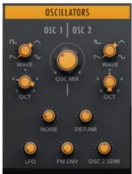 OSCILLATORS OSC 1 | OSC 2 WAVE OSC MIX WAVE OCT OCT NOISE DETUNE LFO FM ENV OSC 2 SEMI