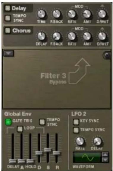 Delay TEMPO SYNC TIME F.BACK RATE AMT D:\WET Chorus MOD MOD DELAY F.BACK RATE AMT D:\WET Filter 3 Bypass Global Env GATE TRIG TEMPO LOOP LFO 2 KEY SYNC TEMPO SYNC RATE DELAY WAVEFORM DELAY A HOLD D S R