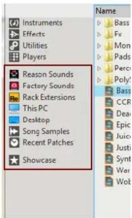 Instruments Effects Utilities Players Reason Sounds Factory Sounds Re Rack Extensions This PC Desktop Song Samples Recent Patches Showcase Name Bass Fx Mon Pads Perci Poly: Bass CCR Dean Epic Juic Justi Synt War Wol