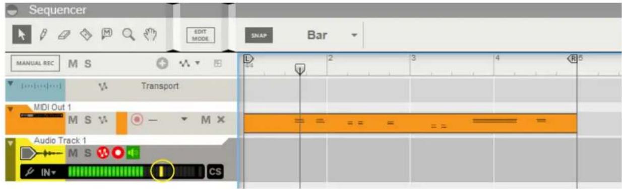 Sequencer EDIT MODE MANUAL REC M S Transport MIDI Out 1 M S V: — M X Audio Track 1 IN CS SNAP Bar L 2 3 4 R 5