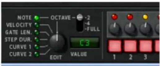 NOTE OCTAVE -2 VELOCITY GATE LEN. STEP DUR. CURVE 1 CURVE 2 EDIT VALUE C3 1 2 3