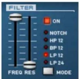 FILTER ON NOTCH HP 12 BP 12 LP 12 LP 24 FREQ RES MODE