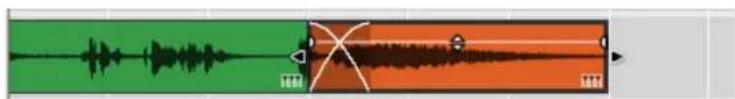 Audio waveform diagram showing two channels with labeled time markers (10:00 and 14:00) and a green waveform at the left.