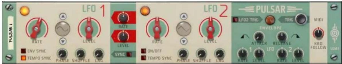 LFO 1 LFO 2 PULSAR RATE LEVEL RATE LEVEL RATE LEVEL ON/OFF TEMP0 SYNC PHASE SHUFFLE LAG SYNC PULSAR LFO2 TRIG TRIG MIDI ENVELOPE ATTACK RELEASE KBD FOLLOW LFO 1 2 1 RATE LEVEL RATE LEVEL RATE LEVEL RATE LEVEL