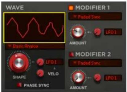 WAVE Basic Analysis SHAPE PHASE SYNC MODIFIER 1 Faded Sync LFO 1 AMOUNT MODIFIER 2 Faded Sync LFO 1 AMOUNT