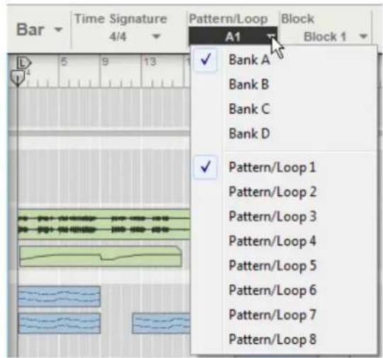 Bar Time Signature 4/4 Pattern/Loop A1 Block Block 1 Bank A Bank B Bank C Bank D Pattern/Loop 1 Pattern/Loop 2 Pattern/Loop 3 Pattern/Loop 4 Pattern/Loop 5 Pattern/Loop 6 Pattern/Loop 7 Pattern/Loop 8