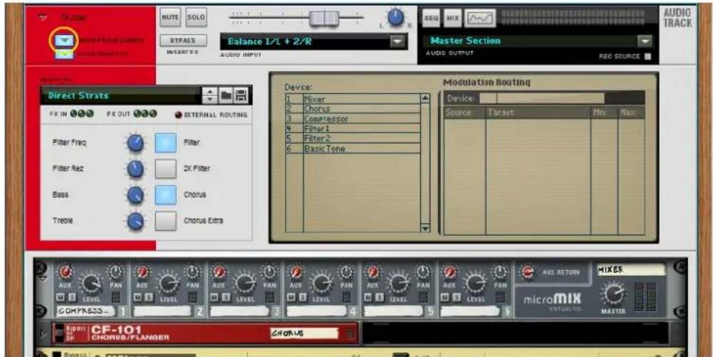 Clutter MUTE SOLO BITPASS IMPORT F: Balance 1/L + 2/R AUDIO TRACK Master Section AUDIO OUTPUT REO SOURCE Direct Strats FX IN FX OUT EXTERNAL ROUTING Filter Freq Filter Filter Rez 2X Filter Bass Chorus Treble Chorus Extra Device: 1 Mixer 2 Chorus 3 Compressor 4 Filter1 5 Filter2 6 Back Tone Modulation Routing Device: Source Target: Min Max MUX PAN AUX PAN AUX PAN AUX PAN AUX PAN AUX RETURN MIXER MICROMIX AUTOMICS COMPASS... CF-101 CHORUS/FLANGER CHORUS