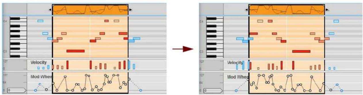 Audio editing software interface showing audio waveform before and after transformation, with labeled components like 'Velocity' and 'Mod Wheel'.
