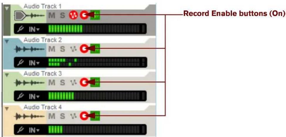 Audio Track 1 M S IN Record Enable buttons (On) Audio Track 2 M S V IN Audio Track 3 M S V IN Audio Track 4 M S V IN