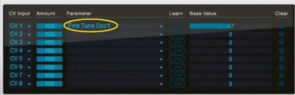 CV Input Amount Parameter Learn Base Value Clear CV 1 100 Fine Tune Osc1 47 CV 2 100 0 CV 3 100 0 CV 4 100 0 CV 5 100 0 CV 6 100 0 CV 7 100 0 CV 8 100 0