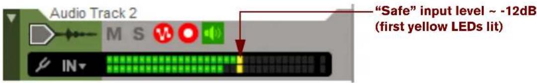 Audio Track 2 "Safe" input level ~ -12dB (first yellow LEDs lit)