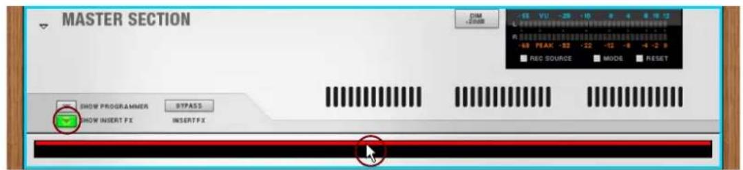 MASTER SECTION DIM +2000 -58 VU -26 -10 8 4 8 12 -68 PEAK -32 -22 -12 -8 -6 -2.9 REC SOURCE MODE RESET SHOW PROGRAMMER BYPASS SHOW INSERT FX INSERTFX