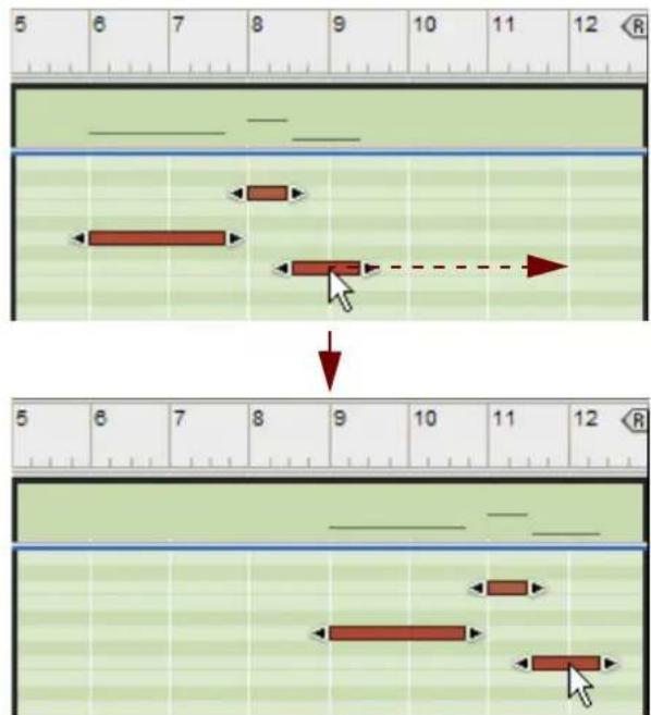 Sequence of audio recording frames showing ruler and track with red arrows indicating movement or synchronization