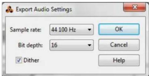 Export Audio Settings Sample rate: 44 100 Hz Bit depth: 16 ✓ Dither OK Cancel Help