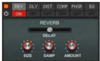 REV DLY DIST COMP PHSR EQ ON REVERB DECAY SIZE DAMP AMOUNT