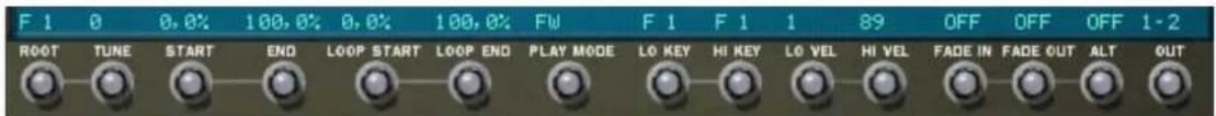 F 1 0 0,0% 100,0% 0,0% 100,0% FW F 1 F 1 1 89 OFF OFF OFF 1-2 ROOT TUNE START END LOOP START LOOP END PLAY MODE LO KEY HI KEY LO VEL HI VEL FADE IN FADE OUT ALT OUT