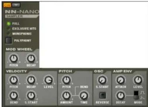 NN-NANO SAMPLE 1 FULL EXCLUSIVE HITS MONOPHONIC POLYPHONY MOD WHEEL PITCH DECAY VELOCITY PITCH DECAY LEVEL BEND S. START PITCH BEND AMOUNT TIME OSC S. START REVERSE AMP ENV ATTACK LEVEL DECAY MIOE