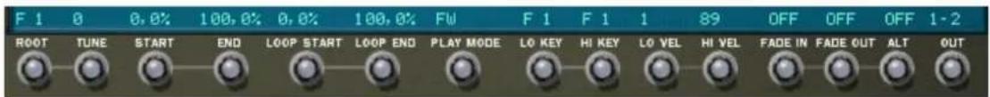F 1 0 0,0% 100,0% 0,0% 100,0% FW F 1 F 1 1 89 OFF OFF OFF 1-2 ROOT TUNE START END LOOP START LOOP END PLAY MODE LO KEY HI KEY LO VEL HI VEL FADE IN FADE OUT ALT OUT