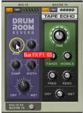 DRUM ROOM REVERB BLUE DAMP WIDTH DRY WET BUS FX P1: 65 TAPE ECHO TIME F_BACK WOBBLE PREQ RESO DRY WET BUS FX TO MASTER FX