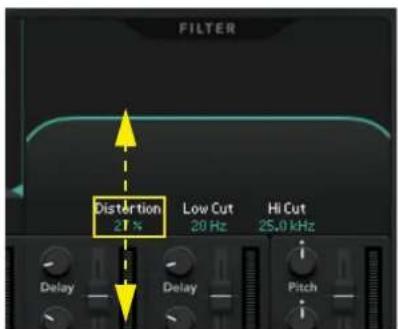 FILTER Distortion 21 % Low Cut 20 Hz Hi Cut 25.0 kHz Delay Delay Pitch