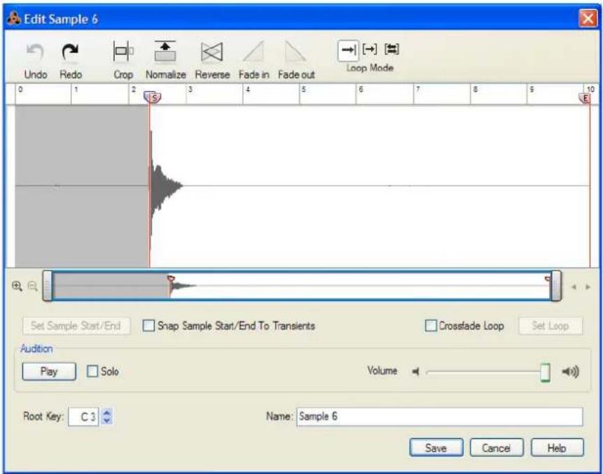 Edit Sample 6 Undo Redo Crop Normalize Reverse Fade in Fade out Loop Mode 0 1 2 3 4 5 6 7 8 9 10 Set Sample Start/End Snap Sample Start/End To Transients Crossfade Loop Set Loop Audition Play Solo Volume Root Key: C 3 Name: Sample 6 Save Cancel Help