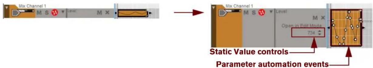 Mix Channel 1 M S Level M X Mix Channel 1 M S Level Open in Edit Mode 734 Static Value controls Parameter automation events
