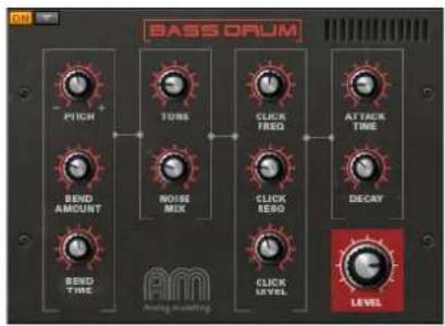 BASS ORUM PITCH TURNS CLICK FREQ ATTACK TIME BEND AMOUNT NOISE MIX CLICK REBO DECAY SEND TIME AM Analog Matching CLICK LEVEL LEVEL