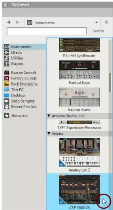 Browser Instruments Search Instruments Effects Utilities Players Reason Sounds Factory Sounds Rack Extensions This PC Desktop Song Samples Recent Patches Showcase PX7 FM Synthesizer Radical Keys Radical Piano Amaloo Studio, LLC EXP1 Expression Processor Artuna Analog Lab 2 ARP 2600 V3