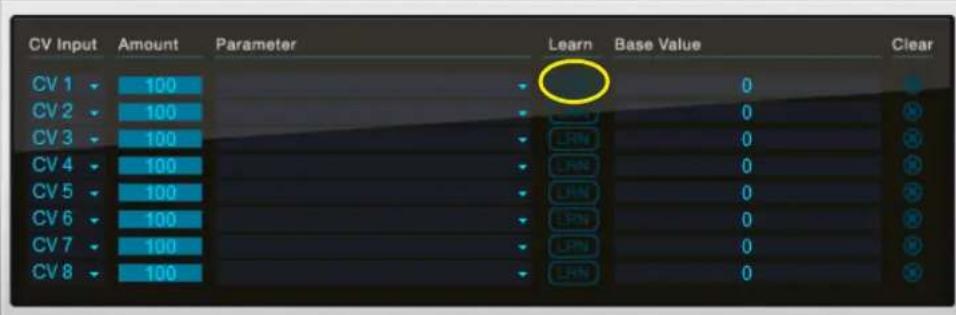 CV Input Amount Parameter Learn Base Value Clear CV 1 100 0 CV 2 100 0 CV 3 100 LRN 0 CV 4 100 LRN 0 CV 5 100 LRN 0 CV 6 100 LRN 0 CV 7 100 LRN 0 CV 8 100 LRN 0