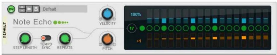 Default Note Echo DEFAULT STEP LENGTH TEMP0 SYNC REPEATS VELOCITY PITCH 100% 17 +1