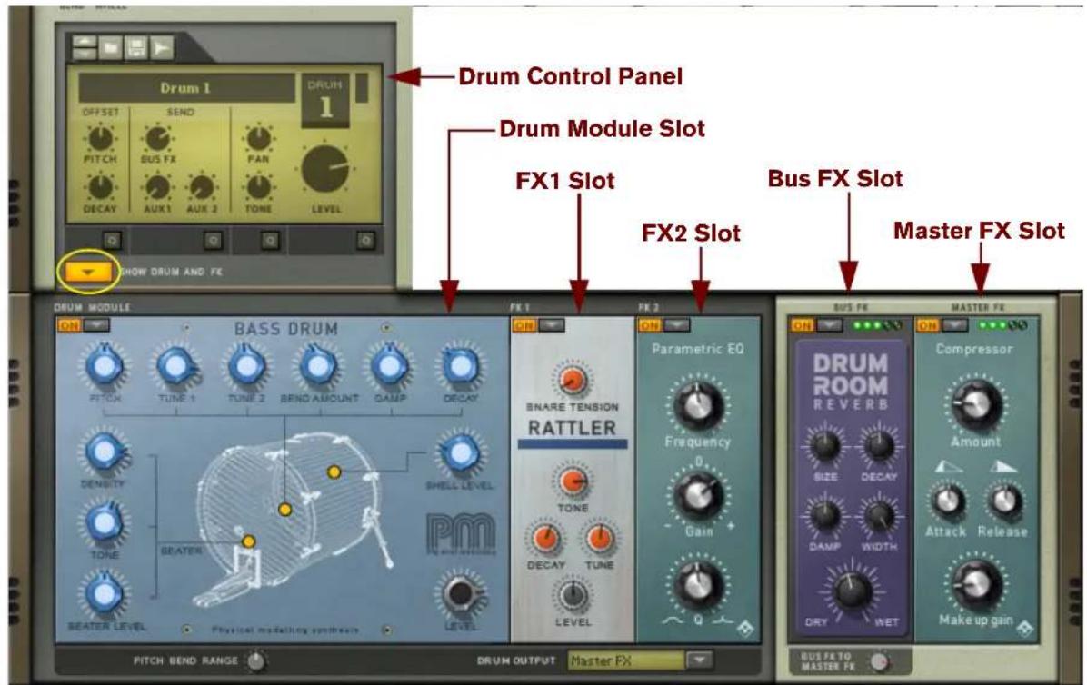 Drum Control Panel Drum Module Slot FX1 Slot Bus FX Slot FX2 Slot Master FX Slot DRUM MODULE BASS DRUM FR 1 FR 2 Parametric EQ DRUM ROOM REVERB Compressor OFFSET SEND PITCH BUS FX PAN DECAY AUX 1 AUX 2 TONE LEVEL SHOW DRUM AND FE FITCH BEND RANGE DRUM OUTPUT Master FX Density TONE BEATER PHY AND REVEECTION BEATER LEVEL Physical modelling synthase LEVEL FNARE TENSION RATTLE TONE DECAY TUNE LEVEL Frequency Gain SIZE DECAY DAMP WIDTH DRY WET Amount Attack Release Make up gain BUS FX TO MASTER FX