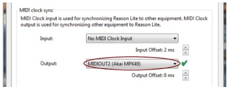 MIDI clock sync MIDI Clock input is used for synchronizing Reason Lite to other equipment. MIDI Clock output is used for synchronizing other equipment to Reason Lite. Input: No MIDI Clock Input Input Offset: 2 ms Output: MIDIOUT2 (Akai MPK49) Output Offset: 0 ms