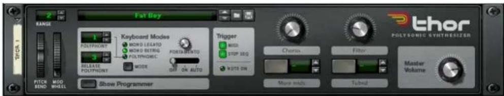 Z RANGE Fatty Boy Thor POLYSONIC SYNTHESIZER 1 POLYPHONT 3 RELEASE POLYPHONT Keyboard Modes MORD LEAFIO MORD SETTING POLYPHONES. MODE OFF ON AUTO Trigger MOSI STOP SEQ NOTE ON Chassis Filter Master Volume PITCH BEND MOD WHEEL Show Programmer