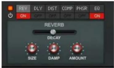 REV DLY DIST COMP PHSR EQ ON OFF OFF OFF ON REVERB DECAY SIZE DAMP AMOUNT