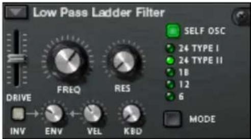 Low Pass Ladder Filter DRIVE FREQ RES INV ENV VEL KBD SELF OSC 24 TYPE I 24 TYPE II 1B 12 6 MODE