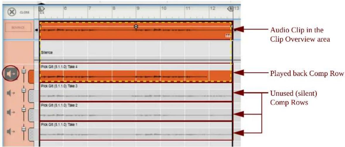 Audio Clip in the Clip Overview area Silence Pick Git (5.1.1.0) Take 4 Pick Git (5.1.1.0) Take 3 Pick Git (5.1.1.0) Take 2 Pick Git (5.1.1.0) Take 1 Played back Comp Row Unused (silent) Comp Rows