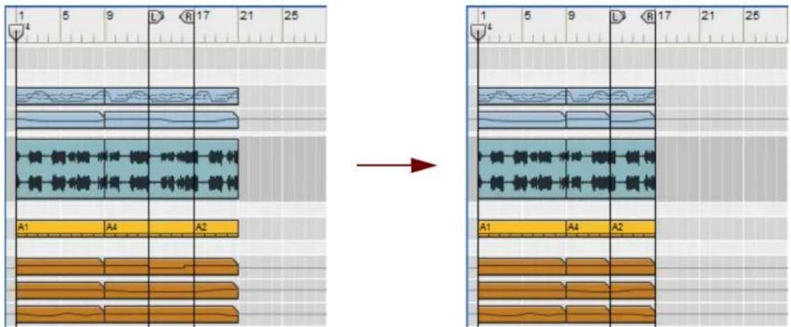 Audio editing software interface showing waveform editing before and after transformation, with labeled tracks and channel names.