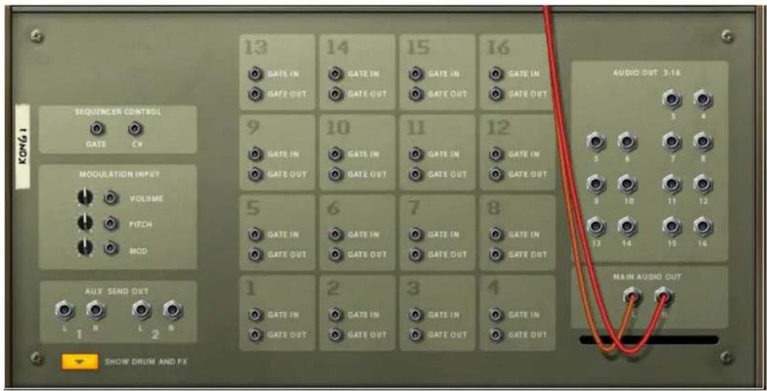 KONG SEQUENCER CONTROL GATE CV MODULATION INPUT VOLUME PITCH MOD AUX SEND OUT L R L R 13 GATE IN GATE OUT 14 GATE IN GATE OUT 15 GATE IN GATE OUT 16 GATE IN GATE OUT 9 GATE IN GATE OUT 10 GATE IN GATE OUT 11 GATE IN GATE OUT 12 GATE IN GATE OUT AUDIO OUT 3:16 3 4 5 R 7 R 9 10 11 12 13 14 15 16 MAIN AUDIO OUT SHOW DRUM AND FX