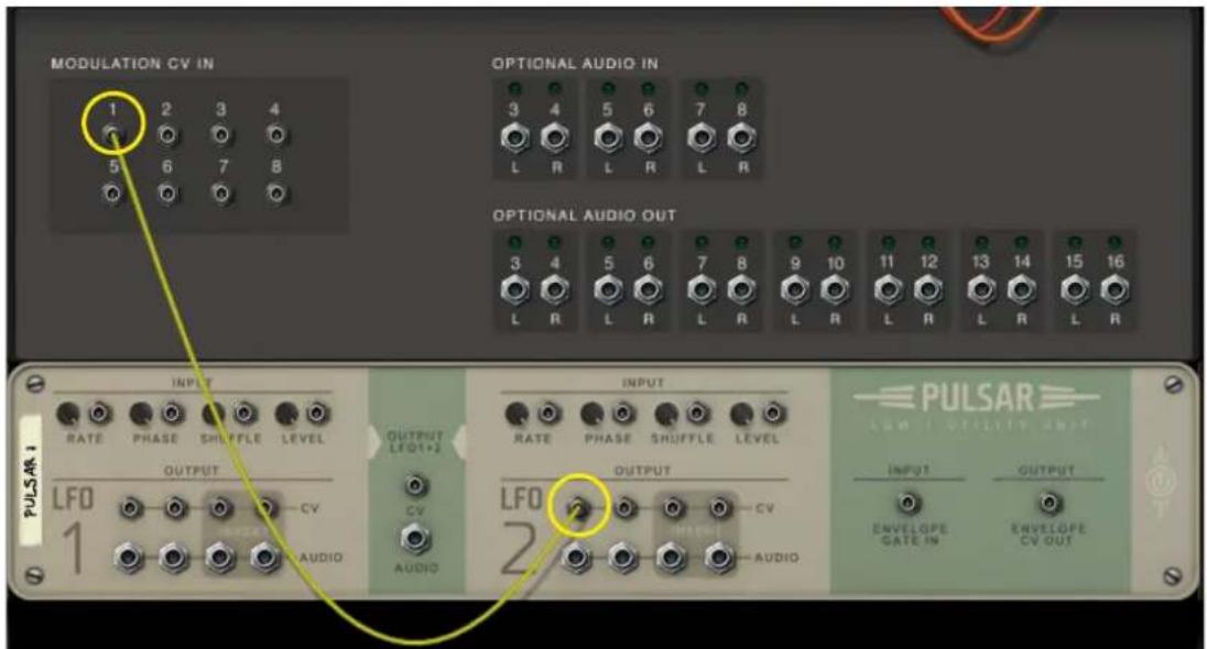 MODULATION CV IN 1 2 3 4 5 6 7 8 OPTIONAL AUDIO IN 3 4 5 6 7 8 L R L R L R OPTIONAL AUDIO OUT 3 4 5 6 7 8 9 10 11 12 13 14 15 16 L R L R L R L R L R L R L R PULSAR 1 INPUT RATE PHASE SHUFFLE LEVEL OUTPUT LFO 1 CV CY AUDIO OUTPUT LFO 2 CYP AUDIO PULSAR UNIT I VOLTILITY UNIT INPUT ENVELOPE GATE IN OUTPUT ENVELOPE CV OUT