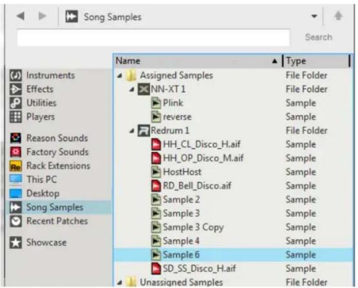 Song Samples Search Name Type Assigned Samples File Folder NN-XT 1 File Folder Plink Sample reverse Sample Redrum 1 File Folder HH_CL_Disco_H.aif Sample HH_OP_Disco_M.aif Sample HostHost Sample RD_Bell_Disco.aif Sample Sample 2 Sample Sample 3 Sample Sample 3 Copy Sample Sample 4 Sample Sample 6 Sample SD_SS_Disco_H.aif Sample Unassigned Samples File Folder