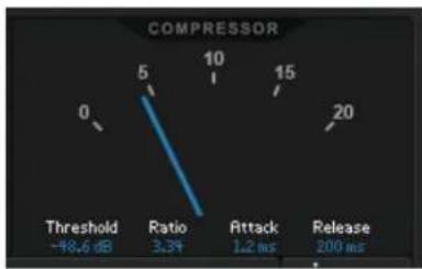 COMPRESSOR 0 5 10 15 20 Threshold -48.6 dB Ratio 3.3% Attack 1.2 ms Release 200 ms