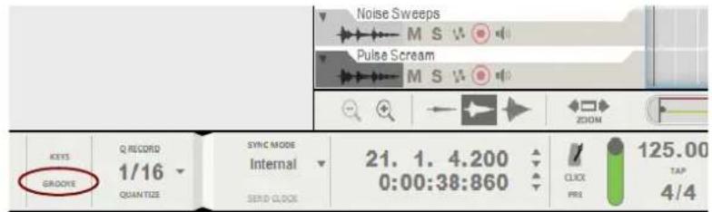 Noise Sweeps M S V Pulse Scream M S V OK ZOOM KEYS Q RECORID SYNC MODE 21. 1. 4.200 125.00 GROOVE Internal 0:00:38:860 TAP QUANTIZE SEND CLOCK PR2 4/4