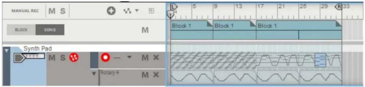 MANUAL REC | M S | L 5 9 13 17 21 25 29 R 33 BLOCK SONG M Block 1 Block 1 Block 1 Synth Pad M S - M X Rotary 4 M X